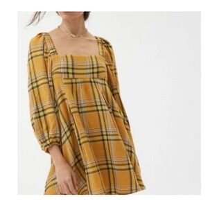 Urban Outfitters Mini Dress Yellow peasant‎ Plaid Square Neck Tie Back XS NWT